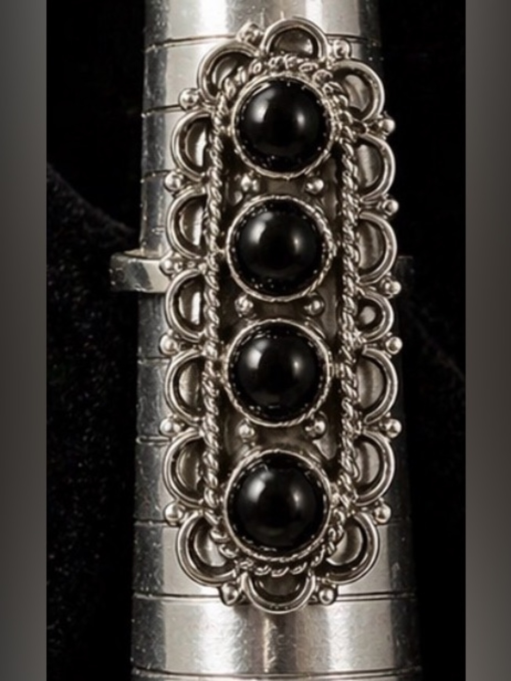 Sterling Silver Black Onyx Statement Ring 1.5” Adjustable Artisan Boho Luxe